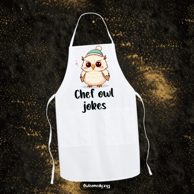 Funny fluffy owl in a tiny hat, telling a joke, adorning this practical and humorous kitchen apron for aspiring chefs.