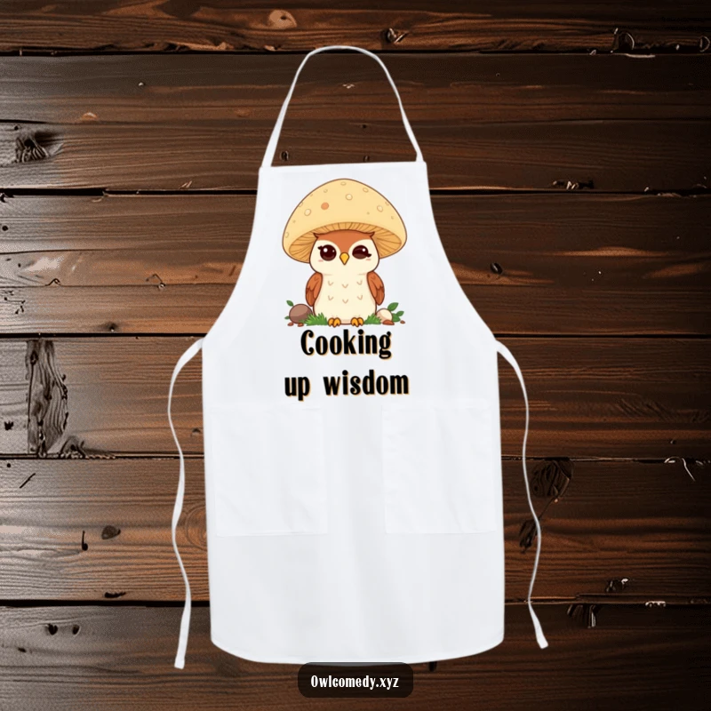 Funny Kawaii Owl Apron: Cute winking owl behind mushroom, practical and funny kitchen wear, great funny gift.