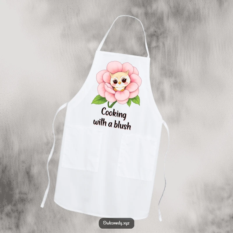 Funny shy kawaii owl apron, peeking around a giant flower with a faint blush, a humorous and practical kitchen accessory.