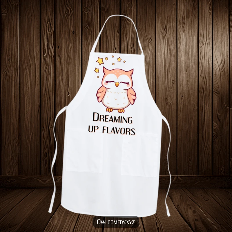 Funny dreaming kawaii owl apron, with closed eyes and a swirl of stars above its head, a humorous and practical kitchen accessory.
