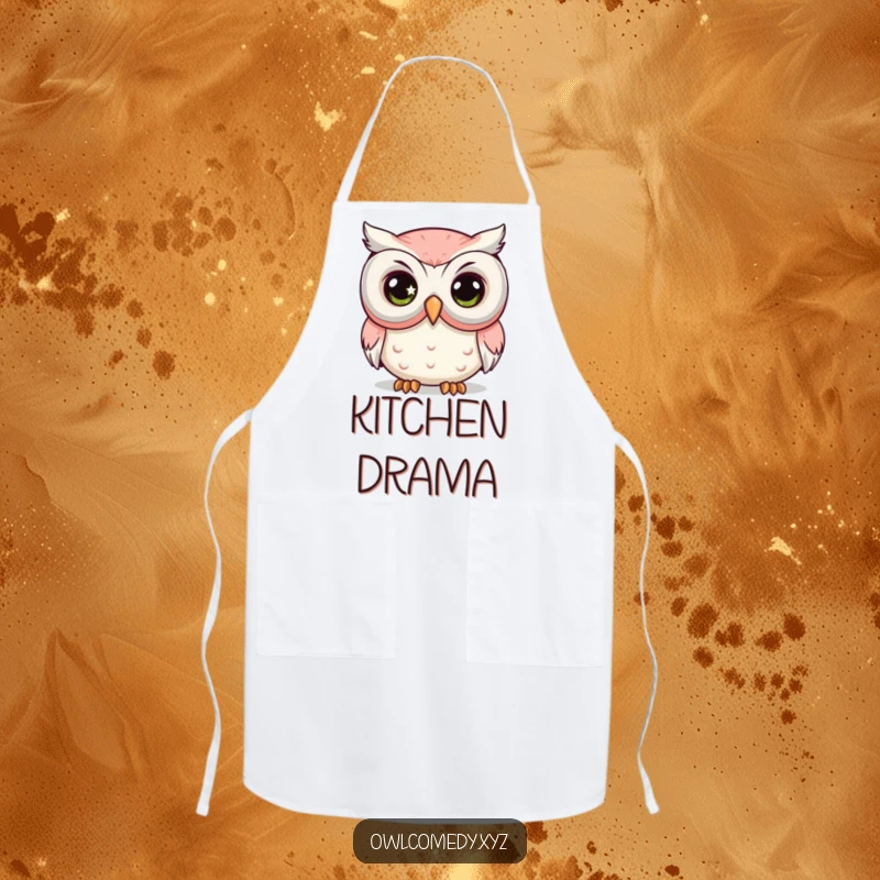 Funny Comedy Mask Owl Apron with a kawaii owl's large, sparkling eye peeking from behind a big comedy mask.
