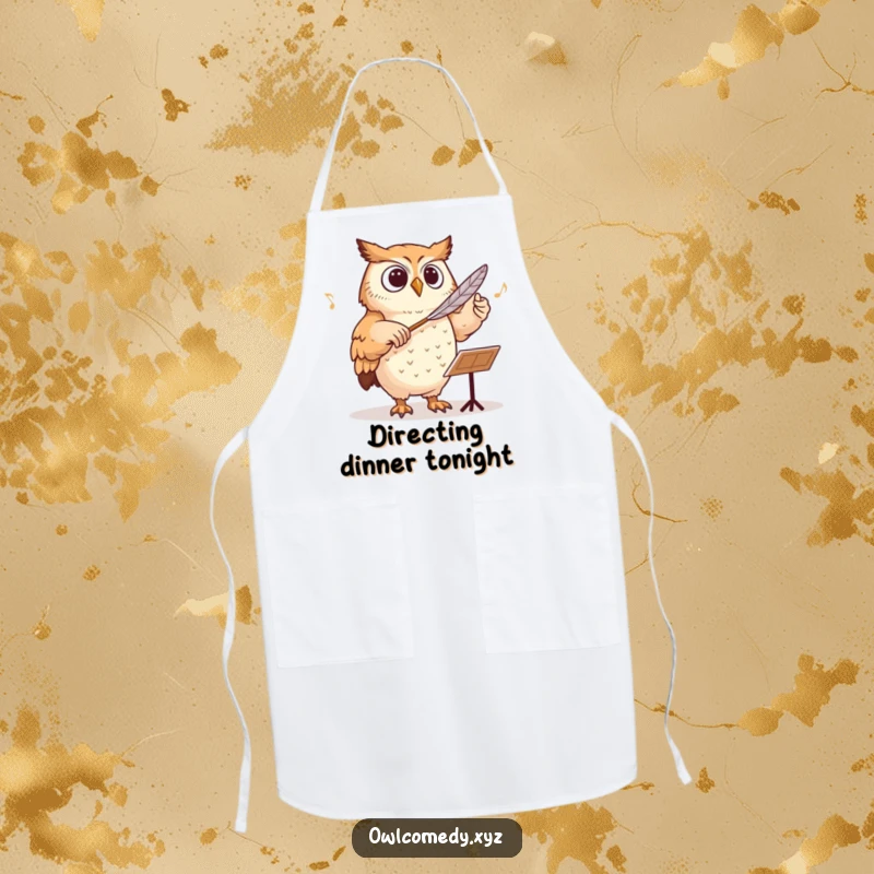 Funny owl conducting an orchestra with a feather baton on a practical apron, for a witty chef.