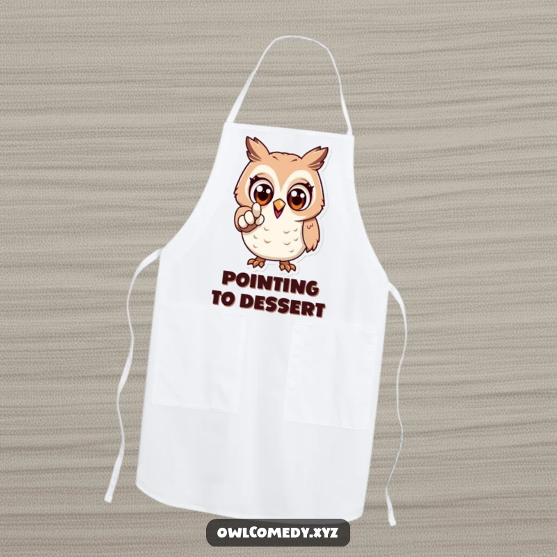 Funny apron depicting an excited owl with wide eyes, pointing forward, perfect for cooking with drive and enthusiasm.