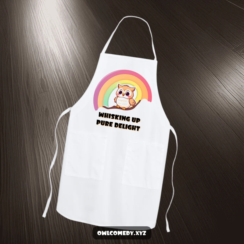 Funny apron showing a happy, giggling owl sliding down a vibrant rainbow, adding cheer to any culinary task.