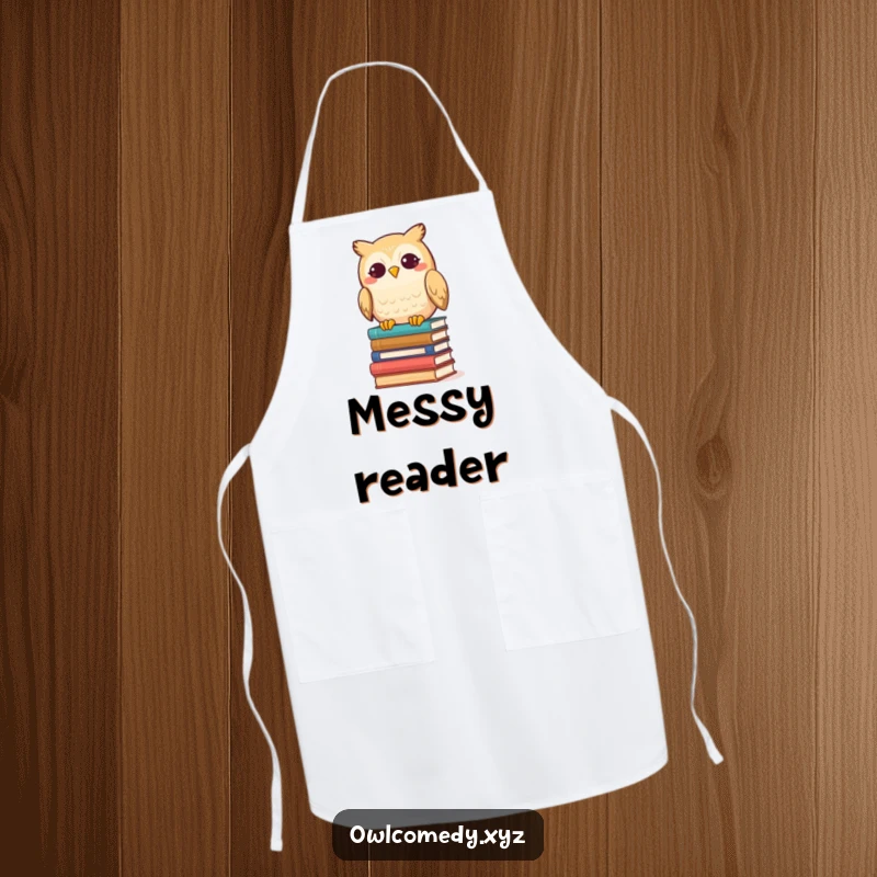 Funny Kawaii Owl Apron, a cute owl grinning while knocking over books, humorous kitchen wear for readers.