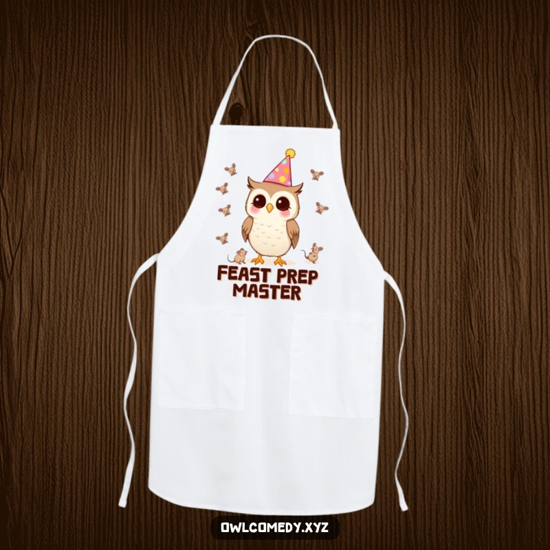 Funny Kawaii Owl Apron with a party hat, juggling tiny mice, perfect for a fun kitchen.