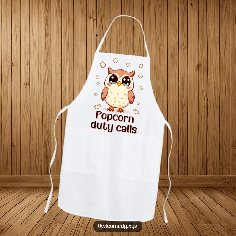 Funny Kawaii owl apron with wide eyes, tossing popcorn, a humorous and practical kitchen accessory for snack lovers, great for gifting.