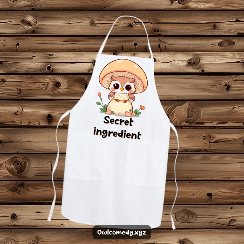 Funny Kawaii owl winking from behind a giant mushroom, printed on a practical apron for cooking.