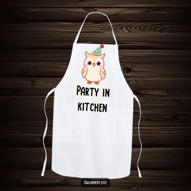 Funny Kawaii owl apron, owl wearing party hat while cooking, festive kitchen wear, humorous, practical.