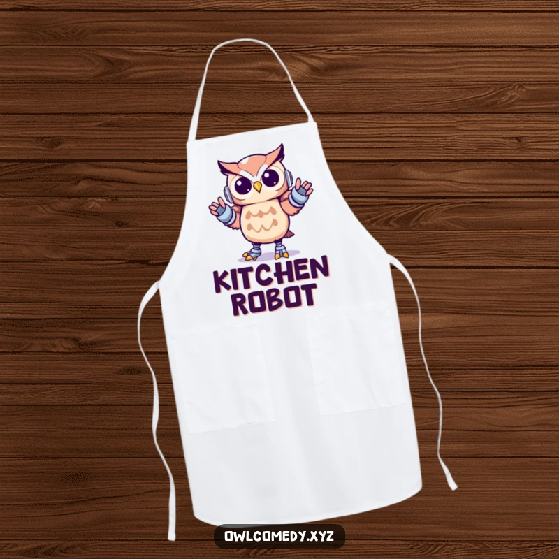 Funny Kawaii owl apron showing a cute owl performing the robot dance with energetic, angular movements, perfect for kitchen fun.