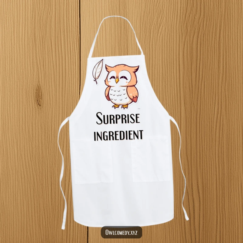 Funny Kawaii owl apron, owl surprised by a feather while cooking, curious kitchen wear, humorous, practical.