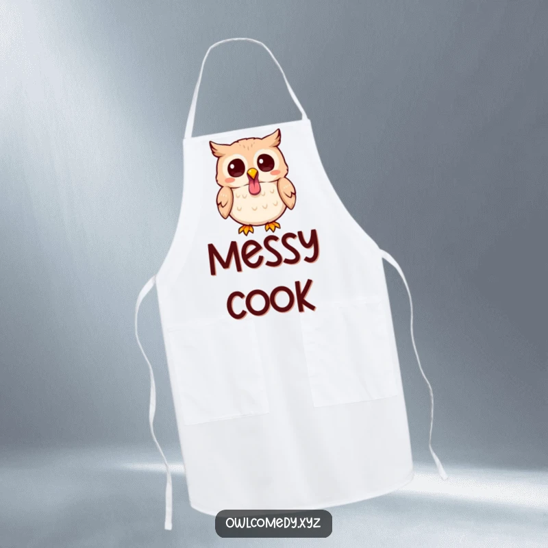 Funny Kawaii owl apron showing a cute owl sticking its tongue out playfully, perfect for adding humor to the kitchen.
