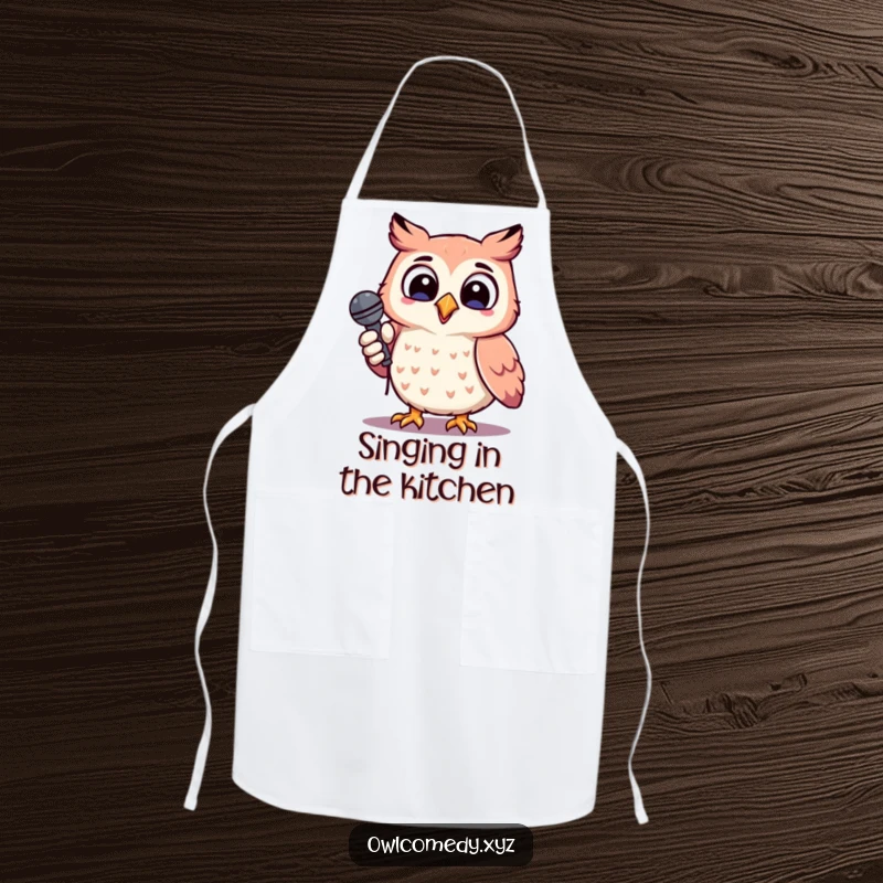 Funny cheerful kawaii owl holding a microphone, head tilted, singing, apron, kitchen, cooking, music, cute.