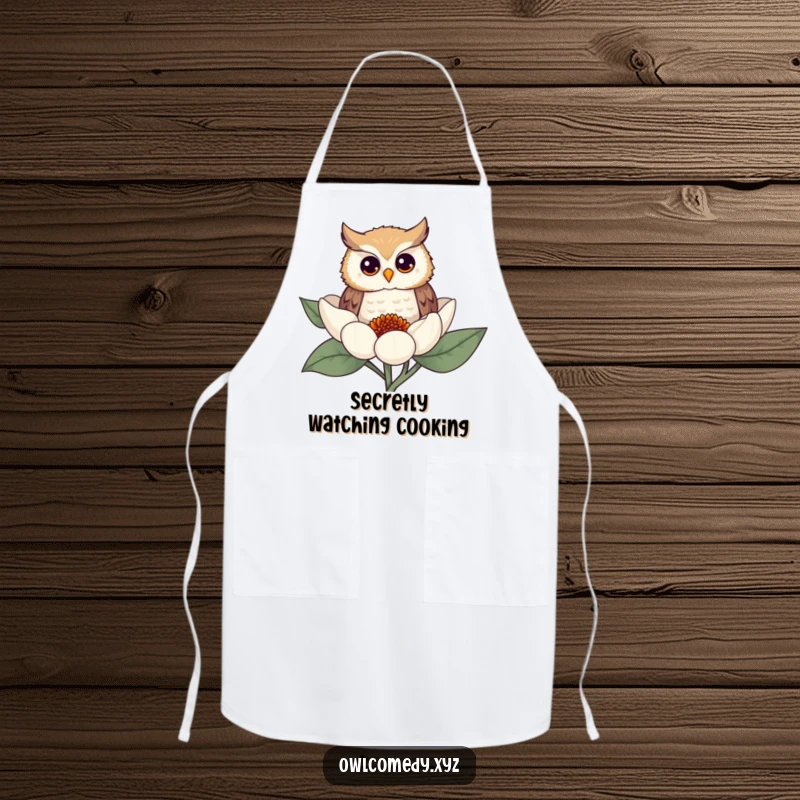 Funny owl apron depicting a curious owl peeking from behind a flower, perfect for adding humor to cooking and baking activities.