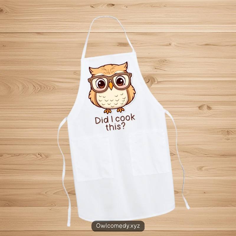 Funny owl wearing oversized glasses, looking surprised and delighted, featured on a practical kitchen apron. Ideal for chefs.