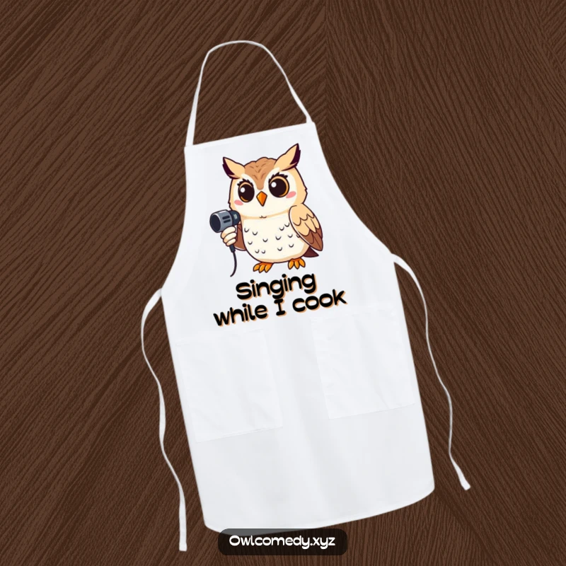 Funny apron with a smiling owl holding a microphone, ready to sing its heart out while cooking, ideal for a humorous experience.