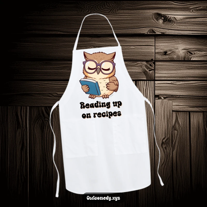 Funny kitchen apron with a sleepy owl wearing glasses, reading a tiny book, perfect for humorous and practical kitchen wear.