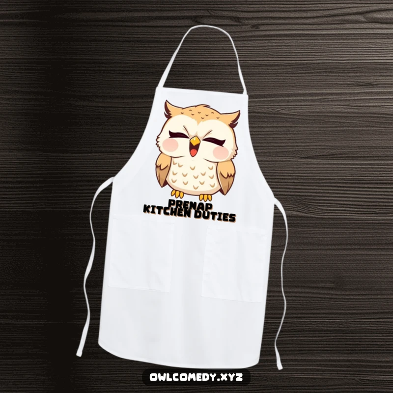 Funny sleepy owl yawning widely with a tiny giggle escaping, featured on a practical kitchen apron. For relaxed cooks.