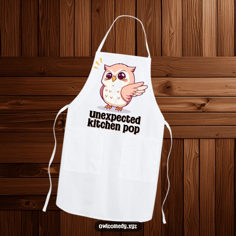 Funny startled kawaii owl apron, with one wing outstretched reacting to a popping sound, a humorous and practical kitchen accessory.