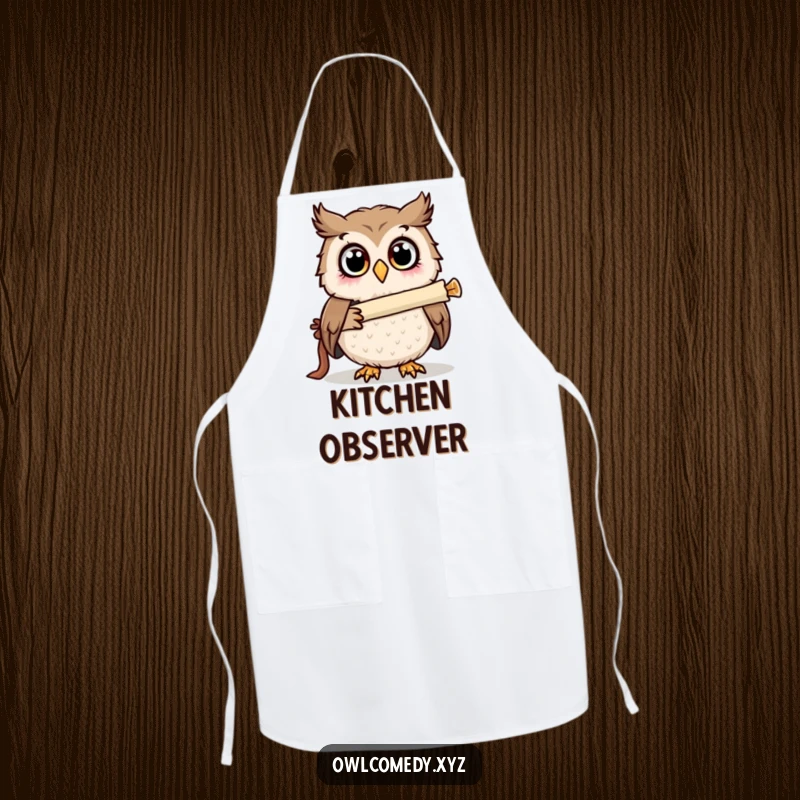Funny surprised owl using a scroll telescope on a kitchen apron, wide eyes full of wonder, a humorous cooking gift.