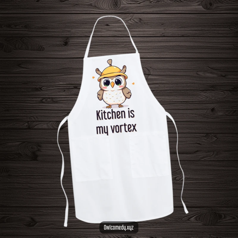 Funny kawaii owl apron, an owl with a spinning propeller hat, looking surprised and delighted, ready for cooking.