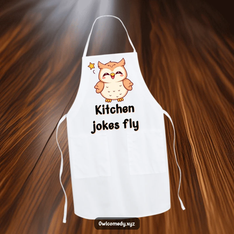 Funny kawaii owl apron, a delighted owl laughing heartily with a star, perfect kitchen funny gift for cooks.