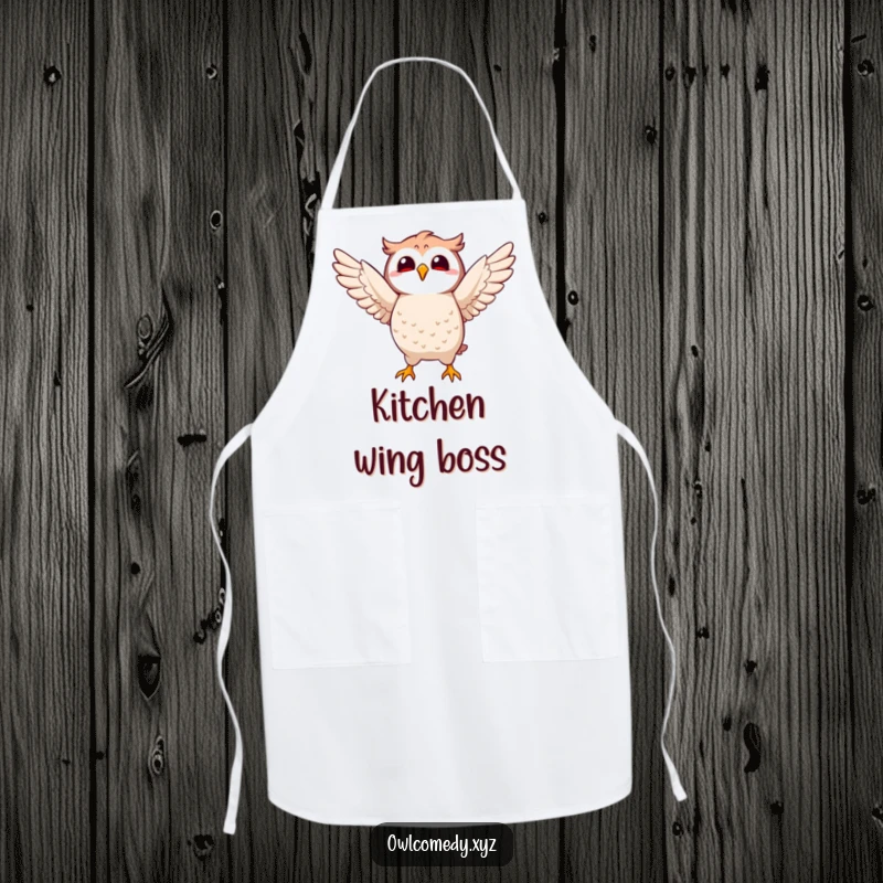 Funny Kawaii owl apron with a character joyfully flapping its wings, perfect for cooking and baking with a whimsical touch.