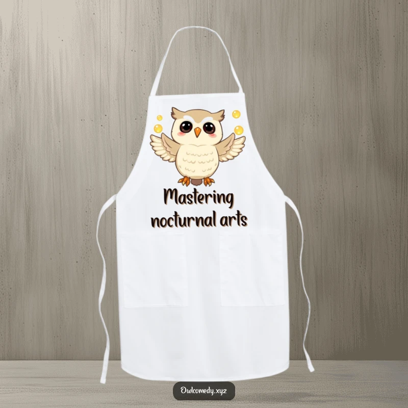 Funny owl apron showing a jubilant owl balancing glowing orbs with its talons, a humorous cooking accessory.