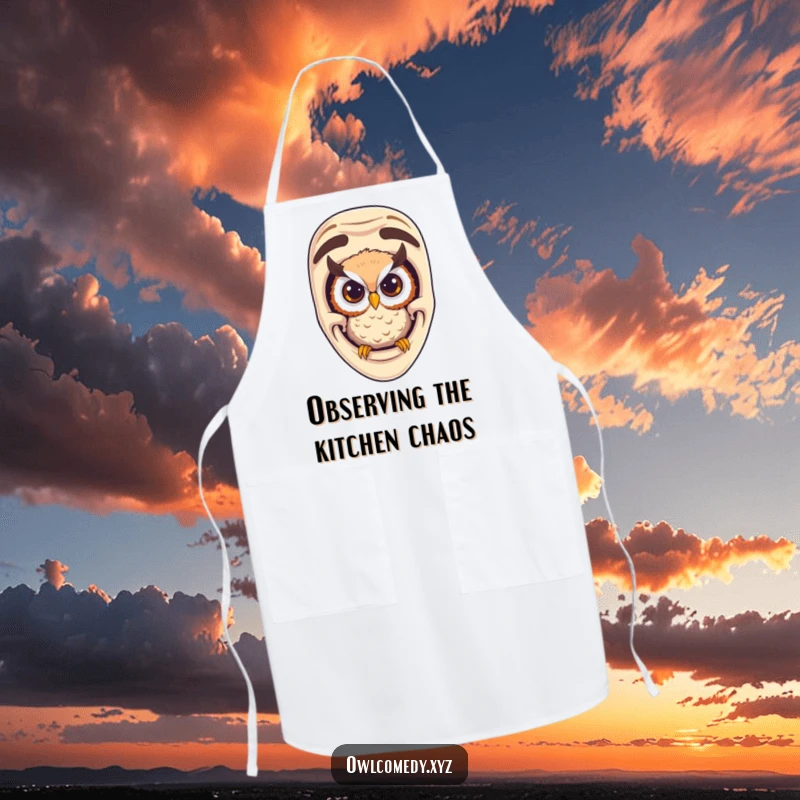 Funny curious owl peeking from a comedy mask on a practical apron, ideal for a witty cook.