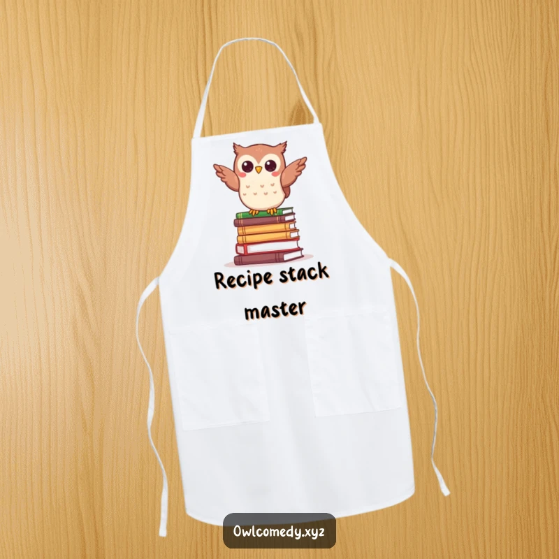 Funny kawaii owl balancing comically on a stack of tiny books, on a practical and amusing apron.