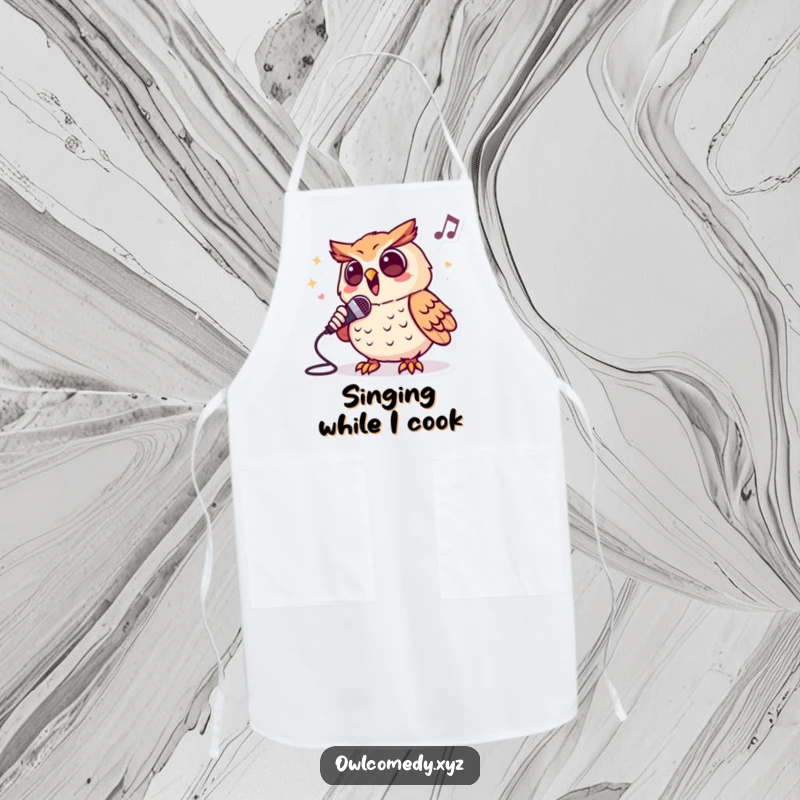 Funny apron depicting an enthusiastic owl character singing into a microphone, perfect for cooking with concert vibes.