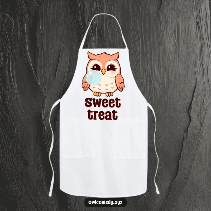 Funny Kawaii owl with puffed cheeks blowing a bubble, printed on a kitchen apron for style.