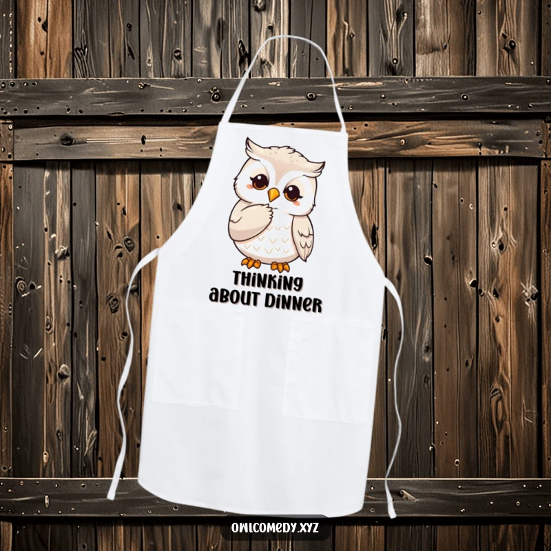 Funny apron depicting a wise owl character stroking its chin with a claw, perfect for thoughtful cooking.