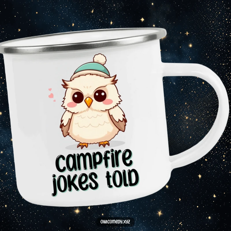 Funny fluffy owl in a small hat, telling a joke, designed for outdoor use on this durable camping mug, bringing smiles.