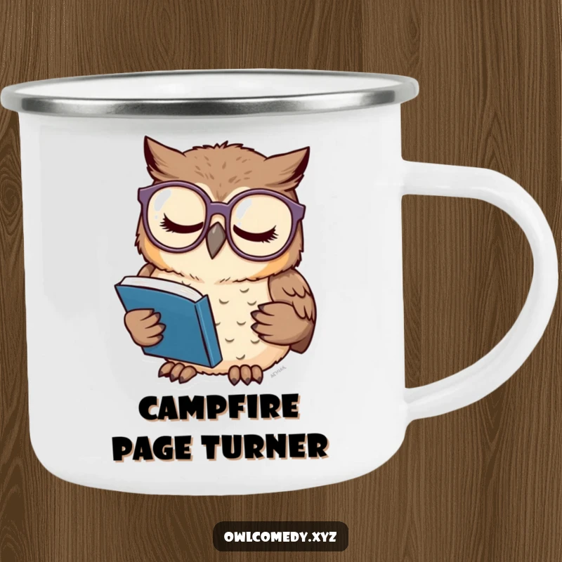 Funny camping mug with a sleepy owl wearing glasses, reading a tiny book, perfect for outdoor reading and warm drinks.