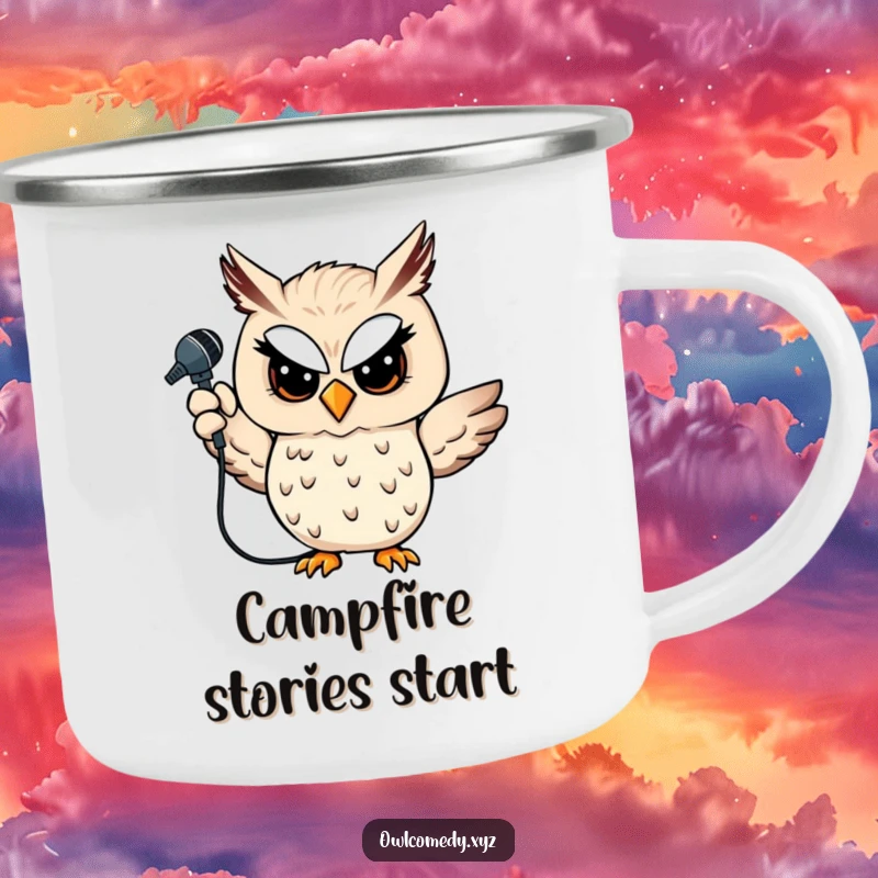 Funny owl camping mug with a winking owl holding a microphone, perfect for performers and outdoor enthusiasts, a great funny gift.
