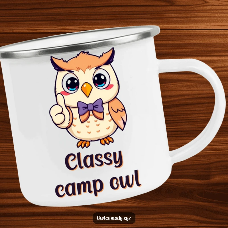 Funny smiling owl in a bow tie, giving a thumbs up, designed for outdoor use on this durable camping mug, spreading cheer.