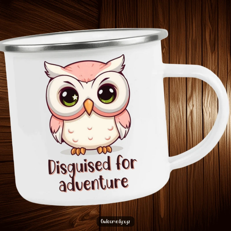 Funny Comedy Mask Owl Camping Mug with a kawaii owl's large, sparkling eye peeking from behind a big comedy mask.