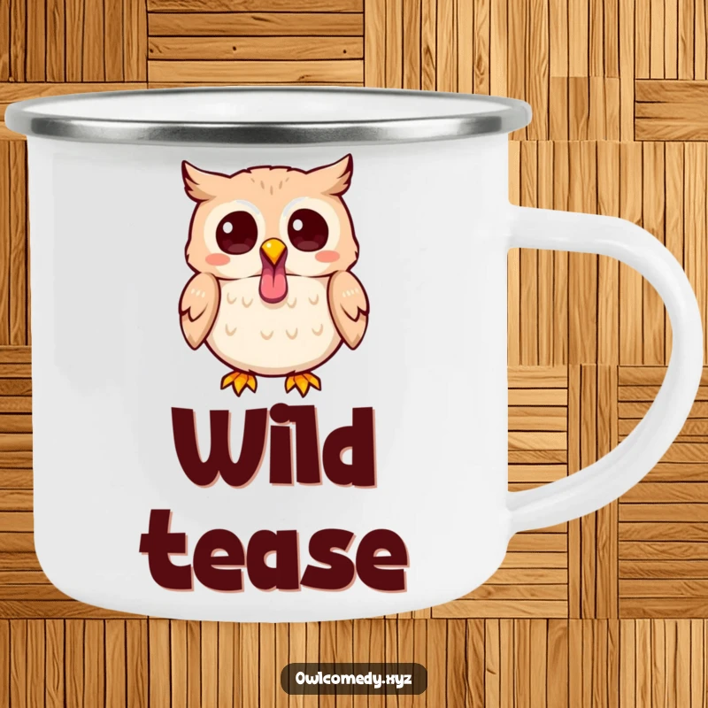 Funny Kawaii owl camping mug showing a cute owl sticking its tongue out playfully, ready for outdoor enjoyment and humor.