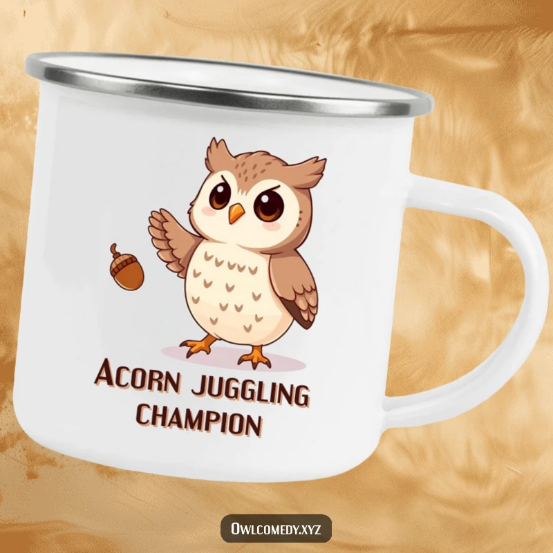 Funny durable camping mug showcasing a playful owl juggling acorns with its talons, ideal for outdoor enthusiasts.
