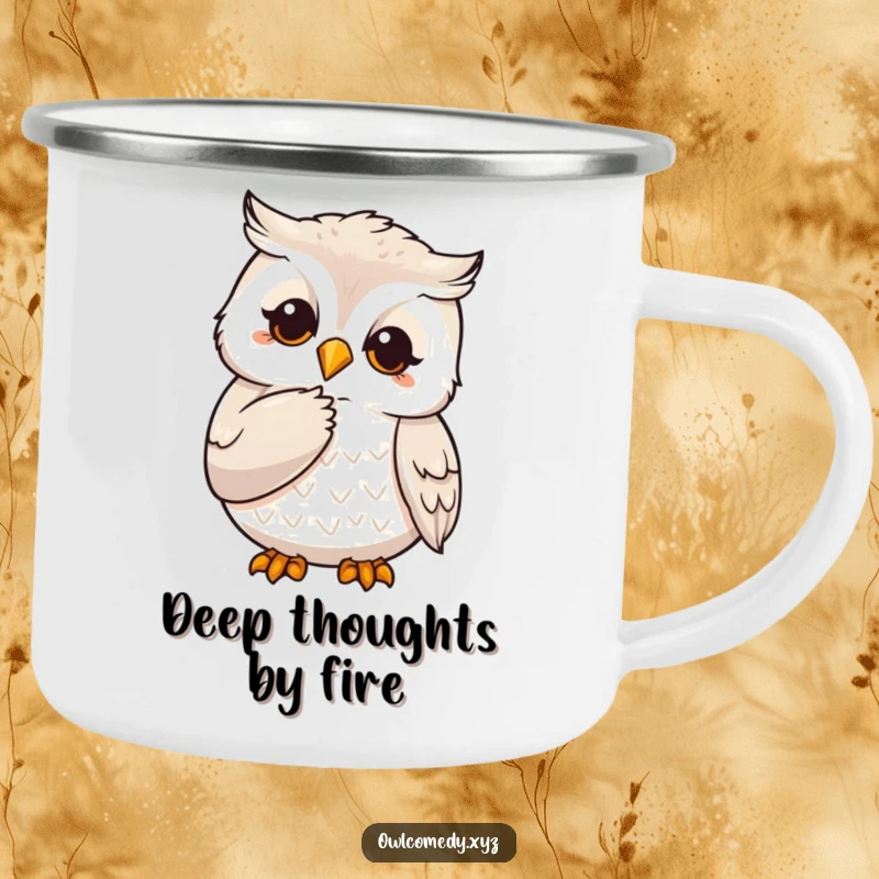 Funny durable camping mug showcasing a wise owl character stroking its chin with a claw, ideal for contemplative outdoor trips.