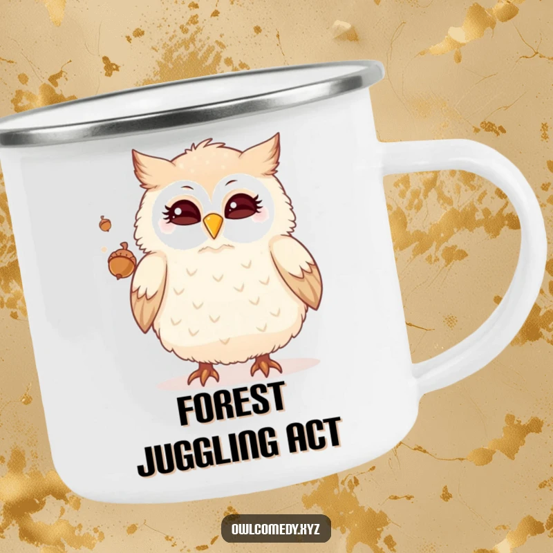 Funny camping mug with a fluffy owl winking and juggling acorns, great for outdoor adventures and humorous enjoyment.
