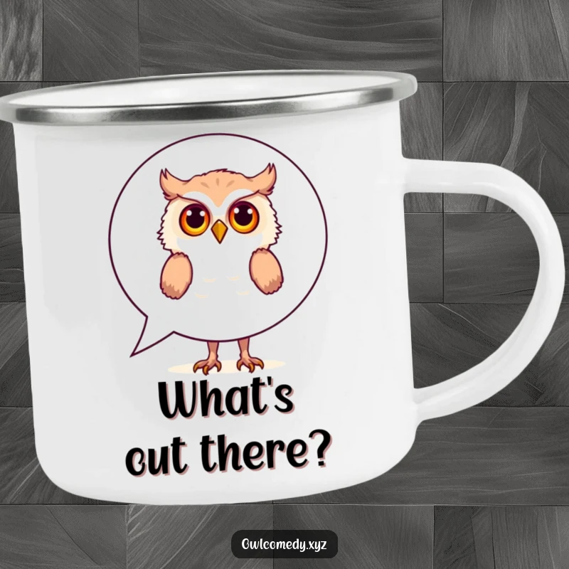 Funny Camping Mug: A curious owl peeks from behind a speech bubble, ideal for sipping hot drinks during outdoor adventures with humor.
