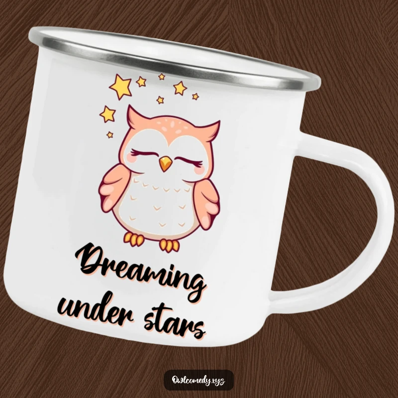 Funny dreaming kawaii owl camping mug, with closed eyes and a swirl of stars above its head, a humorous enamel mug for outdoors.