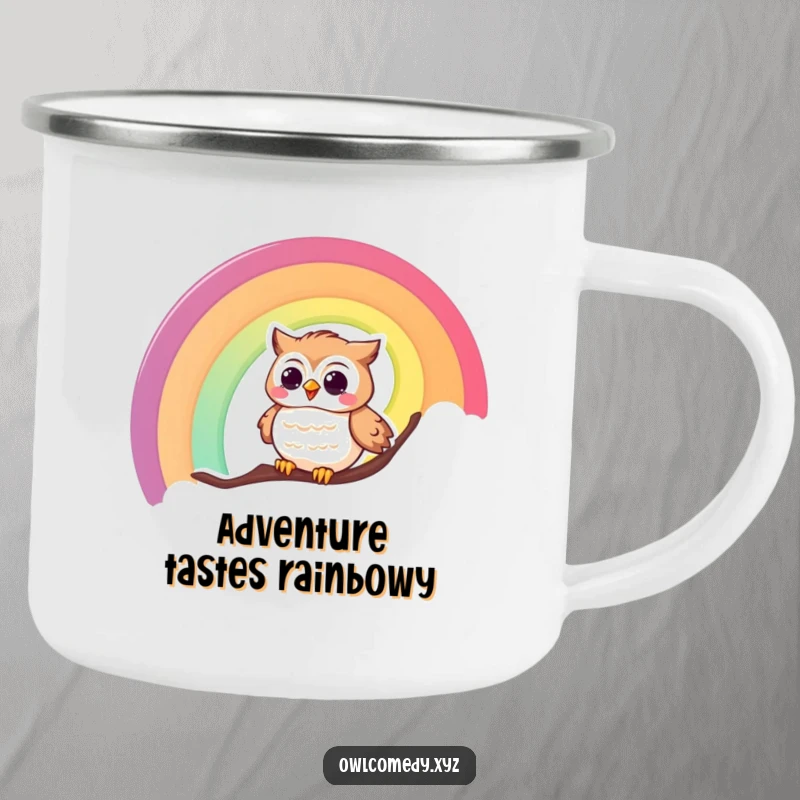 Funny camping mug showing a gleeful owl sliding down a bright rainbow, perfect for campfire stories and hot drinks.