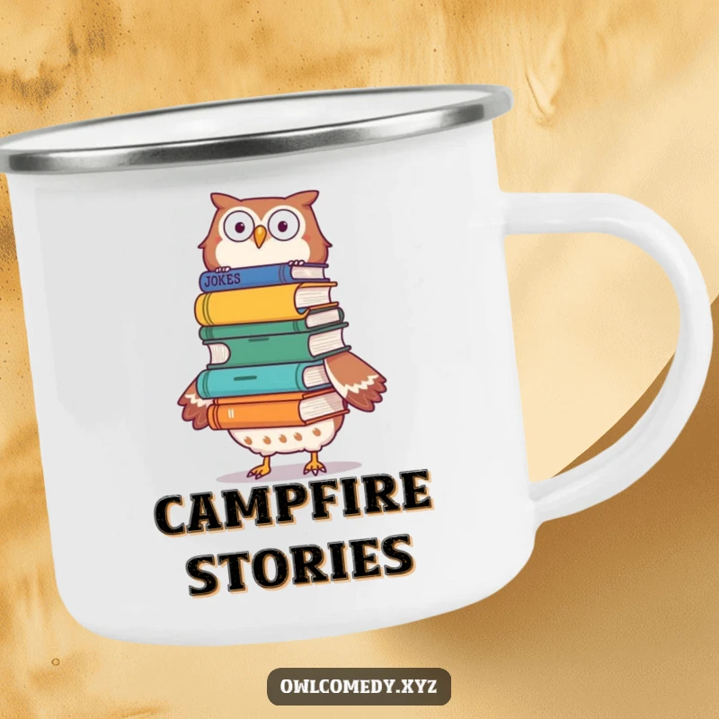Funny owl balancing joke books on its head on a camping mug, perfect for outdoor wit.