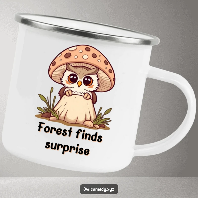 Funny curious kawaii owl peeking from behind a spotted mushroom, looking surprised, camping mug, outdoor, woodland, cute.