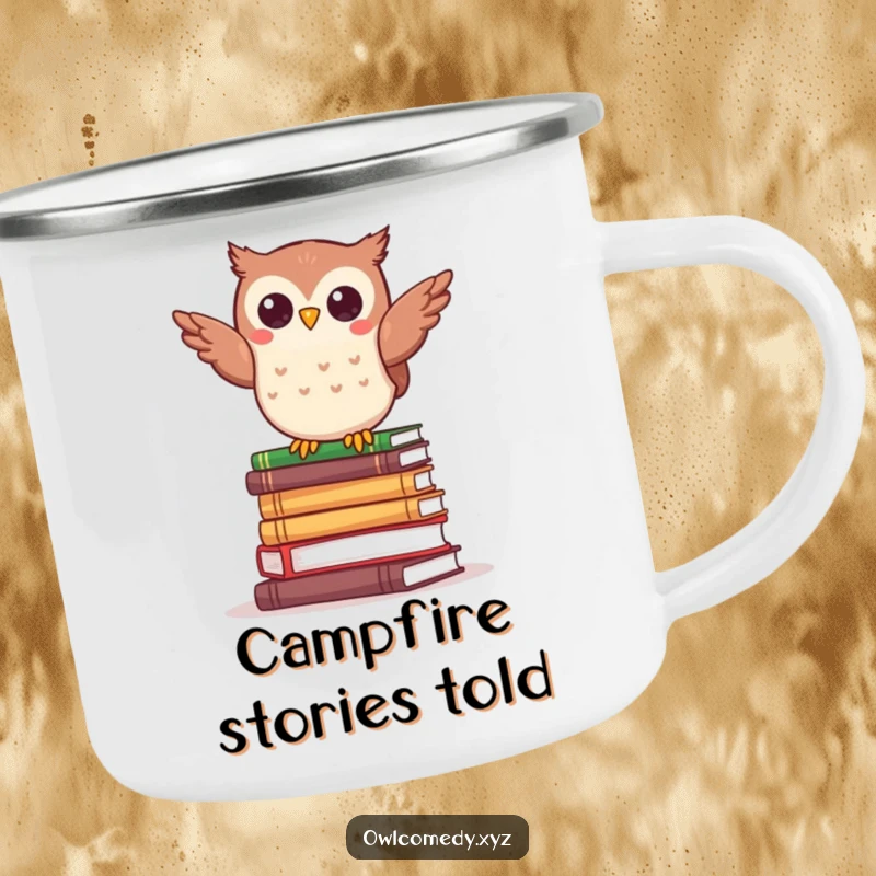 Funny kawaii owl balancing comically on a stack of tiny books, on a durable camping mug.