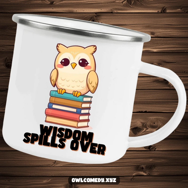 Funny Kawaii Owl Camping Mug, a cute owl grinning over spilled books, rugged and humorous for outdoor adventures.