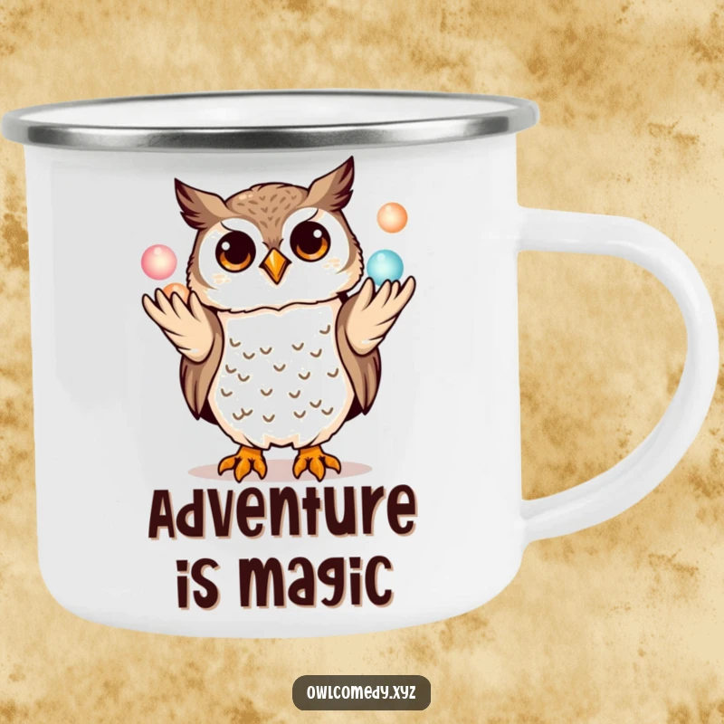 Funny kawaii owl camping mug, playfully juggling three miniature glowing orbs with its talons, a humorous enamel mug for outdoor use.